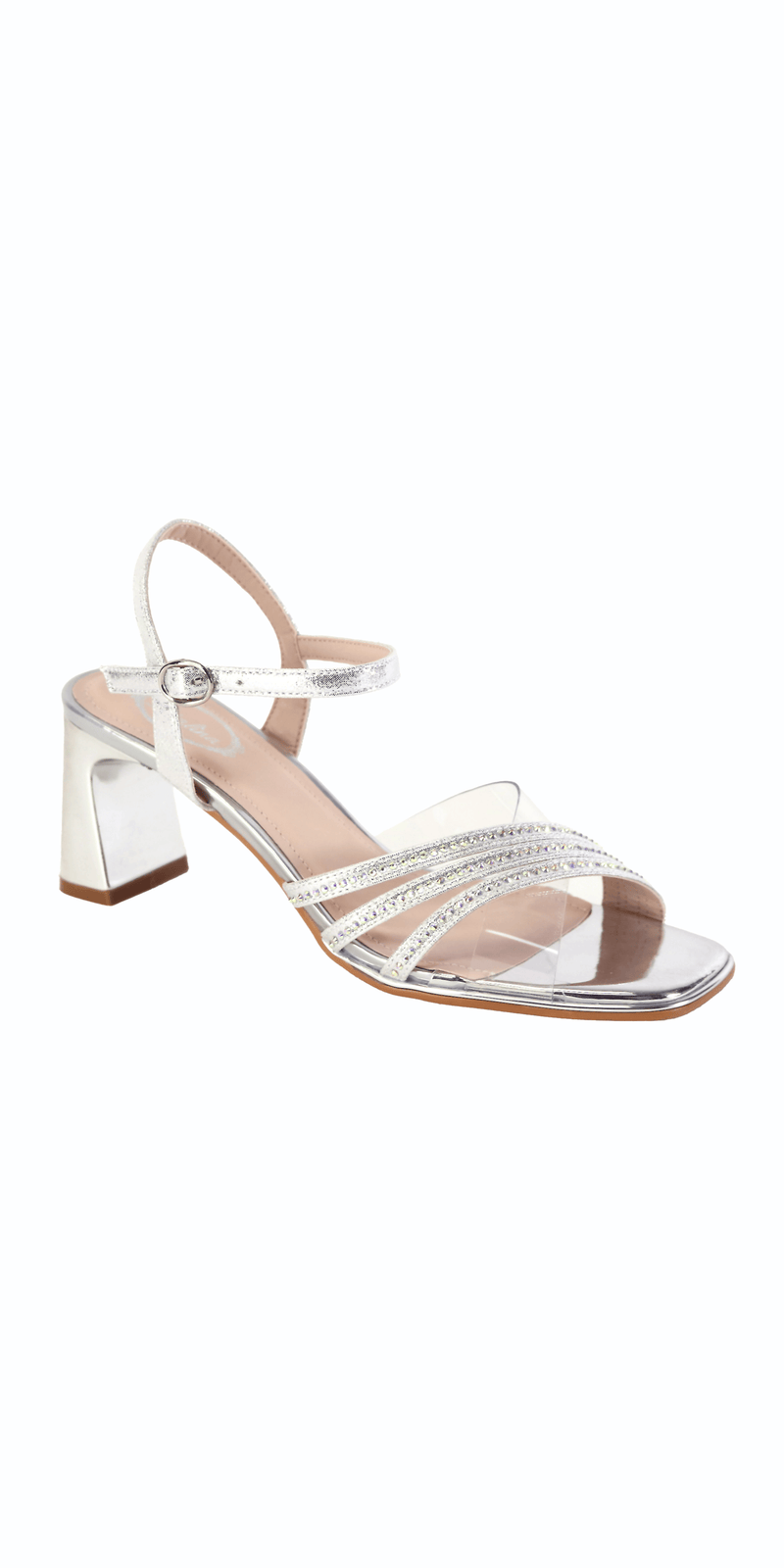 silver/size/6/Camille La Vie/Triple Strap Lucite Rhinestone Low Heel Sandal /side 