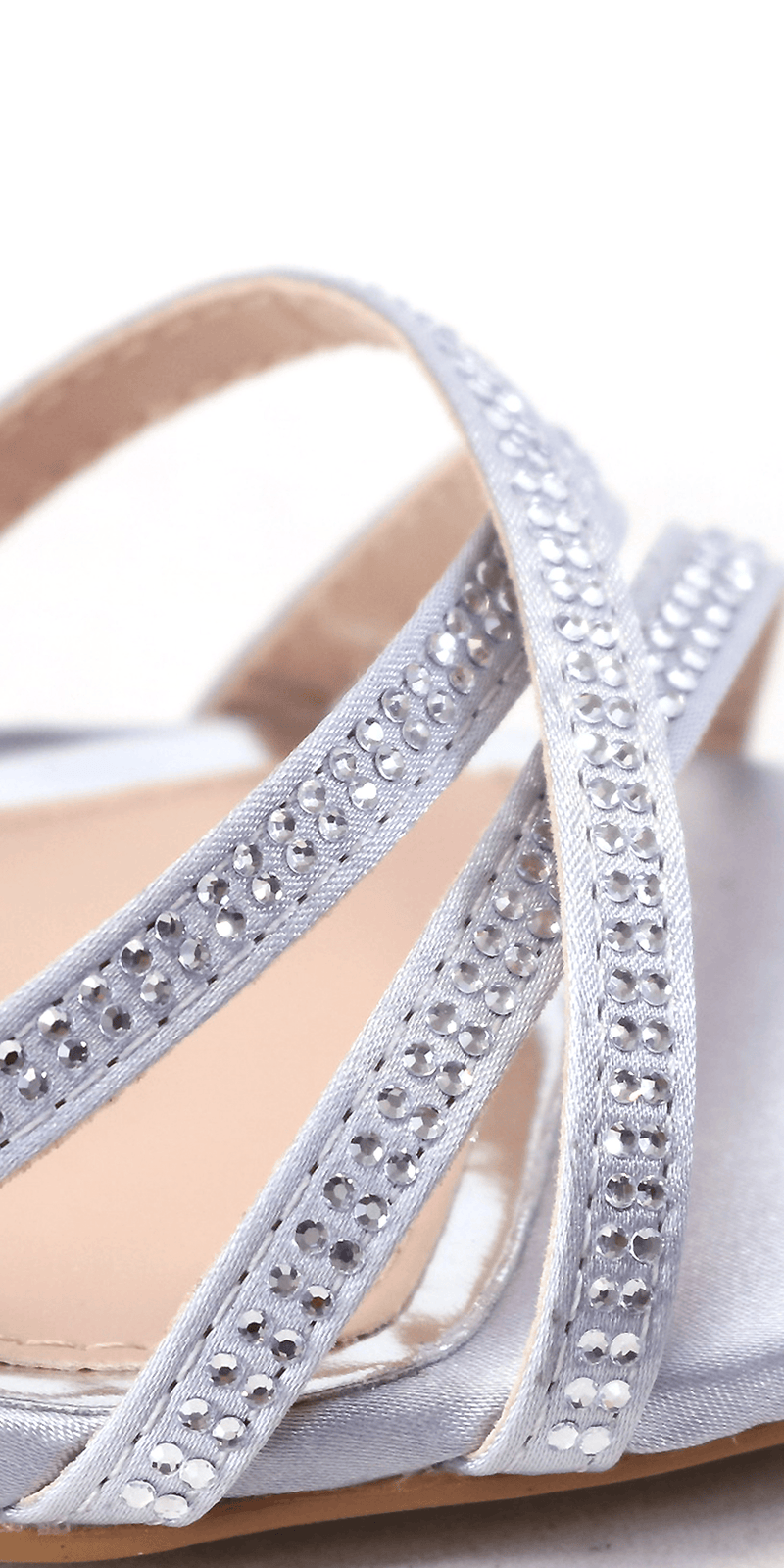 silver/size/6/Camille La Vie/Satin Rhinestone Cris Cross Ankle Strap Square Heel Sandal /close up